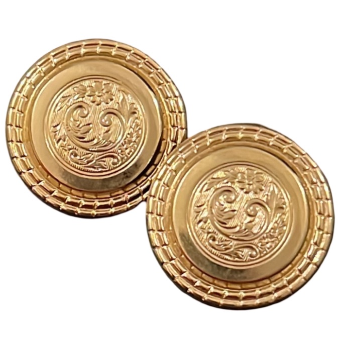 Vintage Gold Plated Etched Scroll Round Halo Runway Stud Statement Earrings